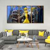 Beautiful Woman with Car Floating Canvas Wall Painting Set of Three