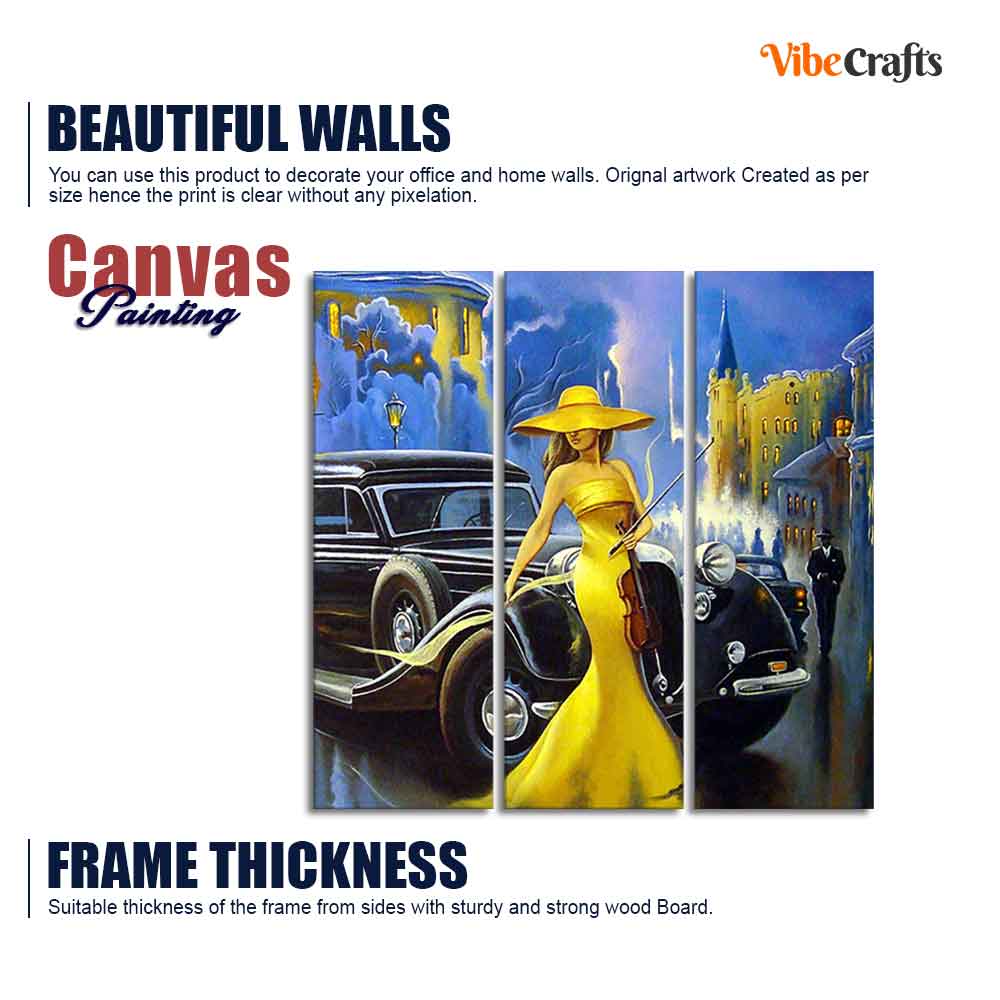 Beautiful Women with Car Panoramic 3 Pieces Wall Painting