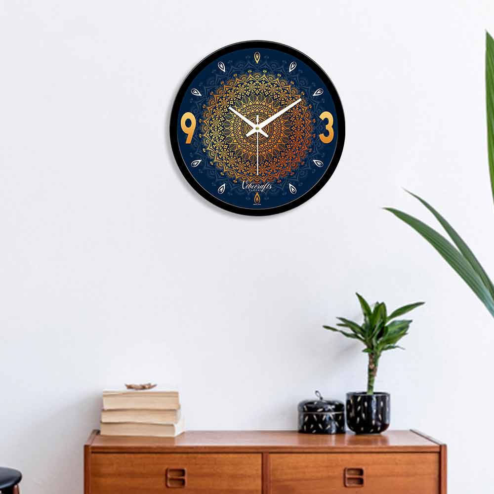 Abstract Blue Background Golden Mandala Designer Wall Clock