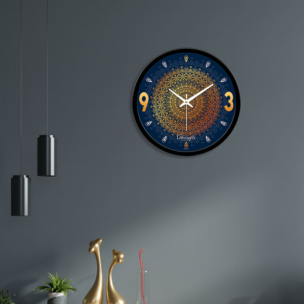 Abstract Blue Background Golden Mandala Designer Wall Clock