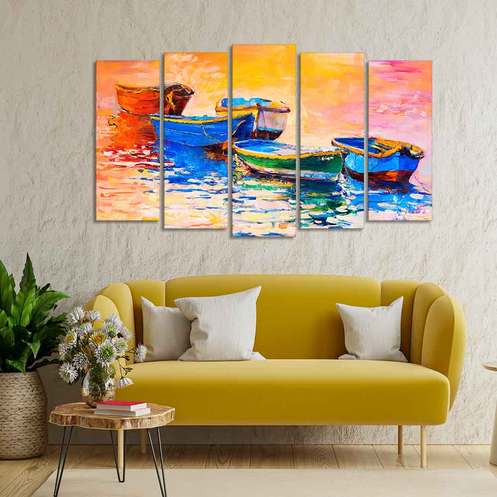 Boats and Sunset Canvas Wall Painting Five Pieces Set of Five
