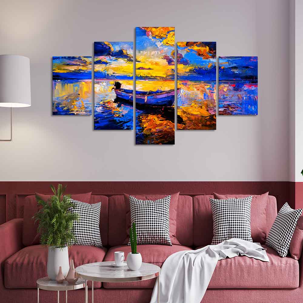 Boat at Colorful Sunset Canvas Wall Painting Five Pieces