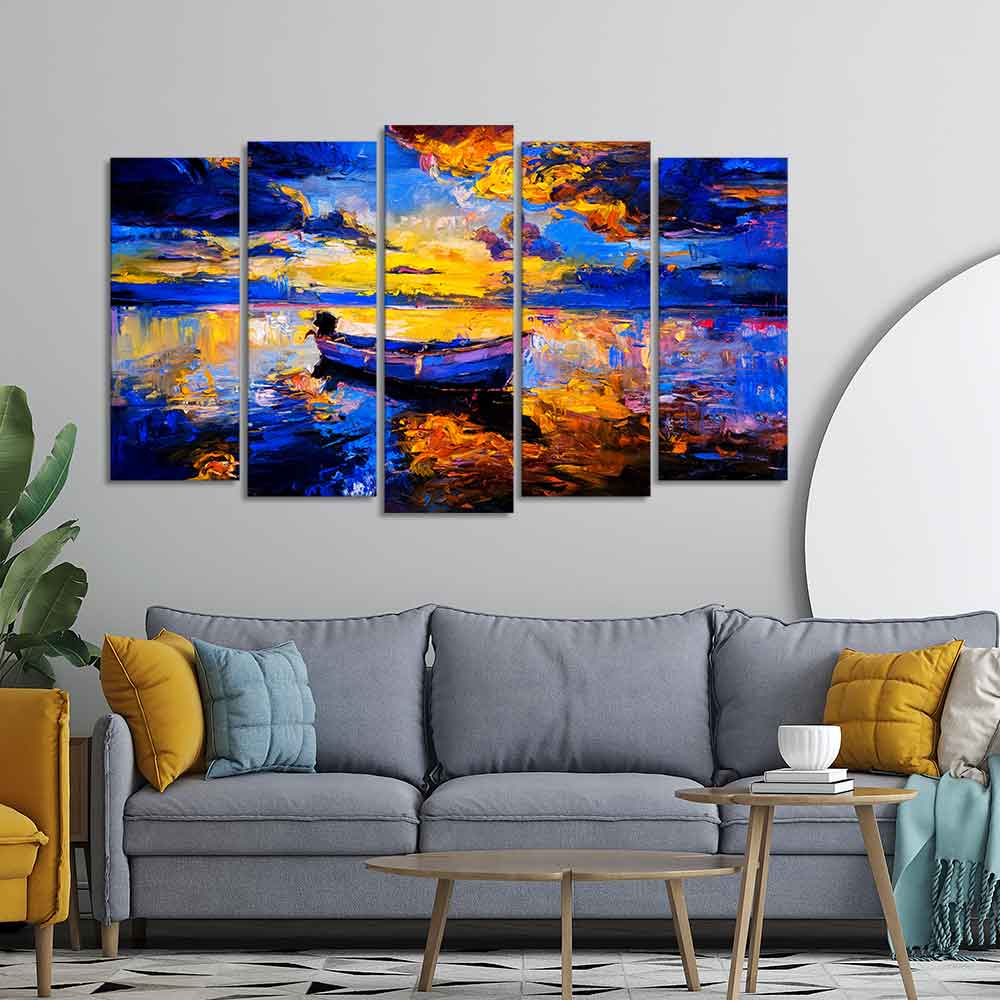 Boat at Colorful Sunset Canvas Wall Painting of Five Pieces