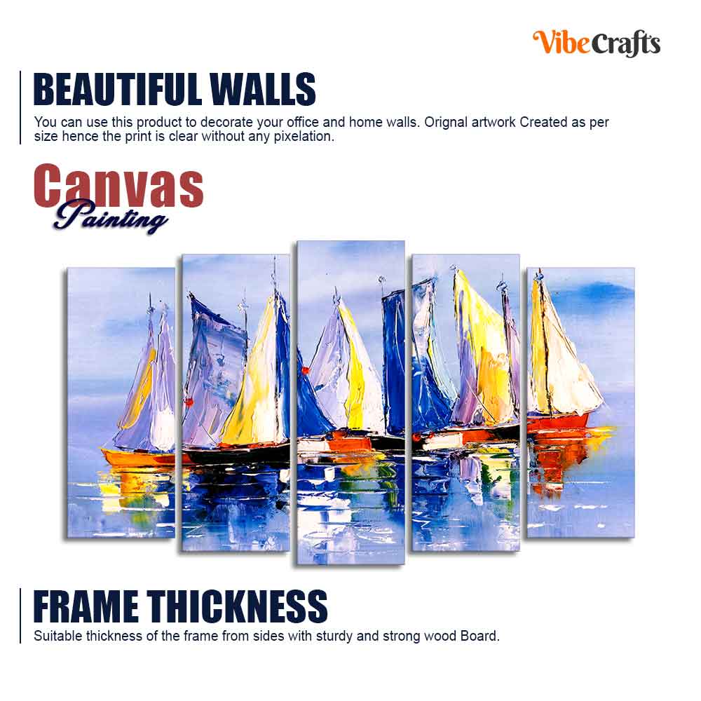 Boats in Ocean Canvas Wall Painting of Five Pieces