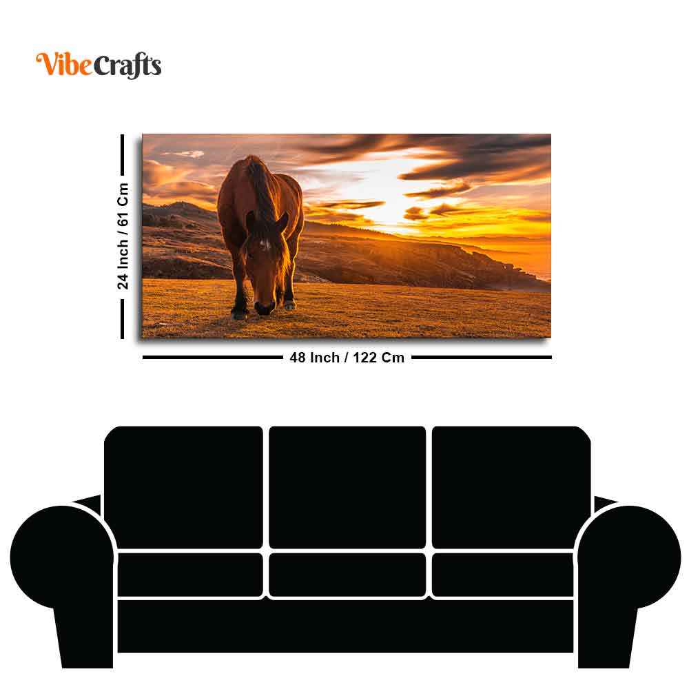 Brown Horse Eating At Sunset Premium Wall Painting