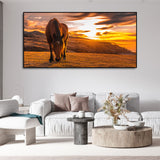 Brown Horse Eating At Sunset Premium Wall Painting