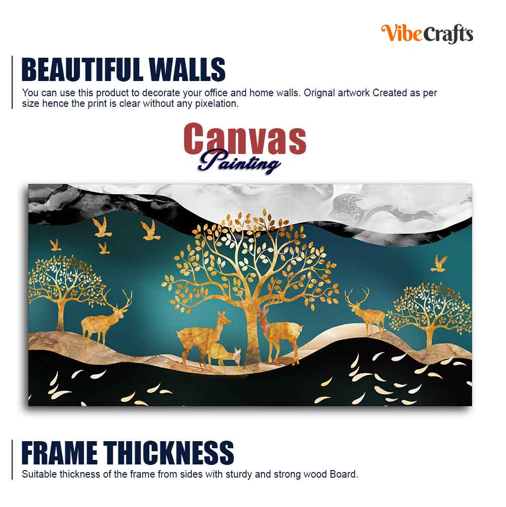 Canvas Wall Painting of Golden Trees With Birds And Deer