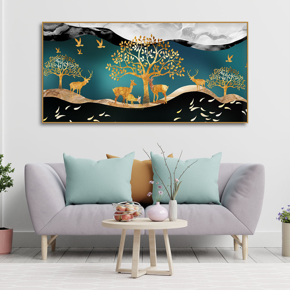 Canvas Wall Painting of Golden Trees With Birds And Deer – Vibecrafts
