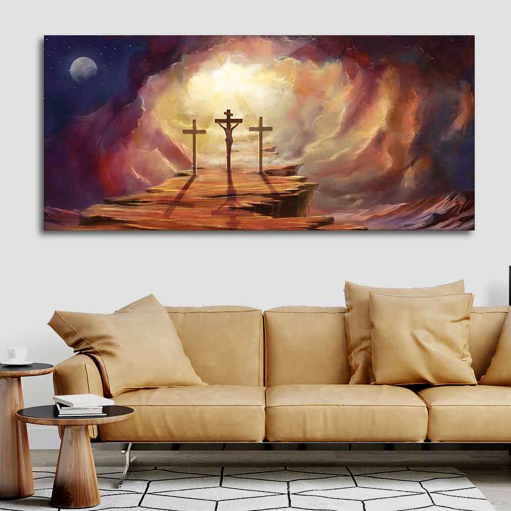 Canvas Wall Painting of Jesus Cross with Moon Dark Background