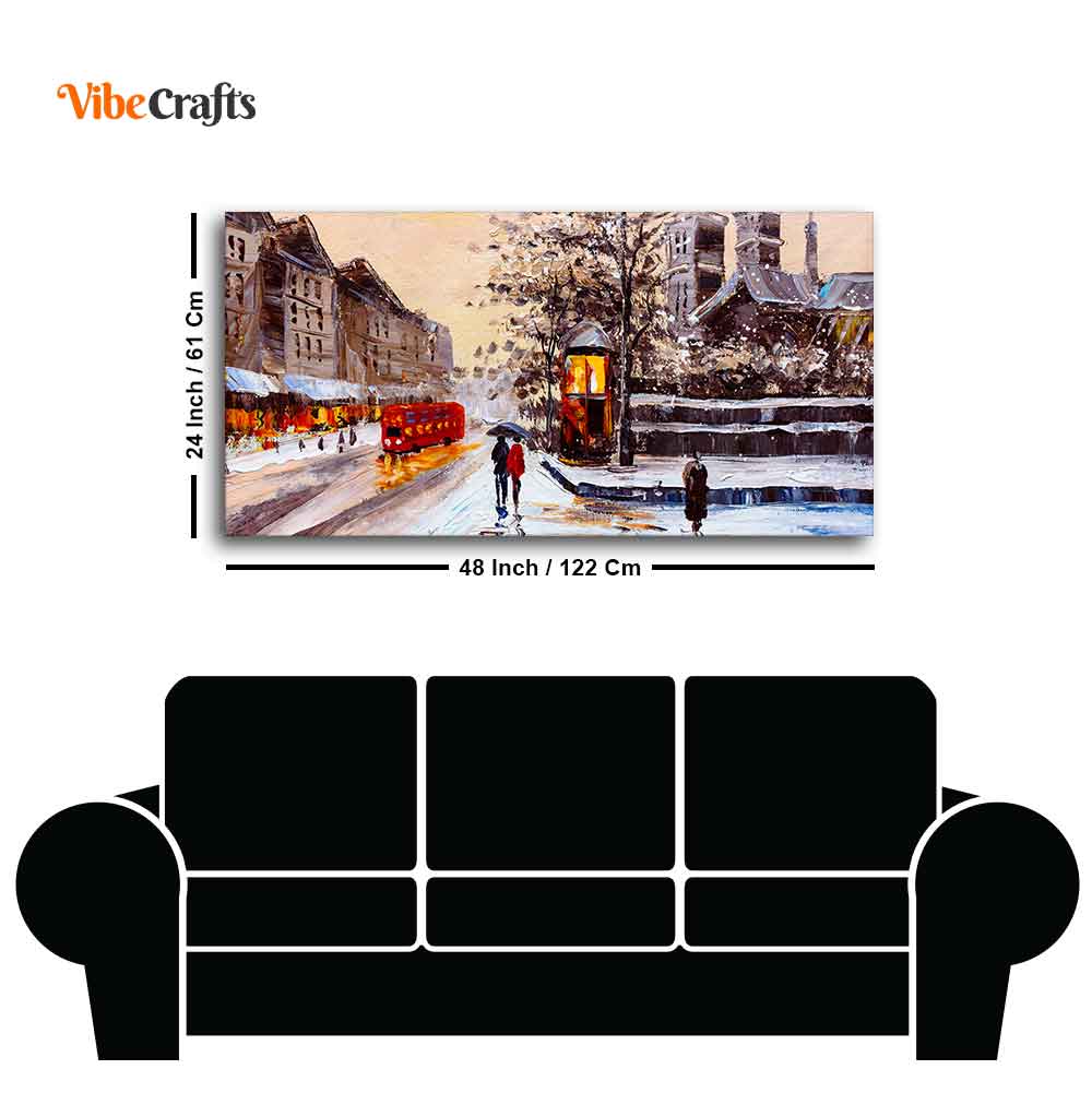 Canvas Wall Painting of Street view of London with Snowfall Background