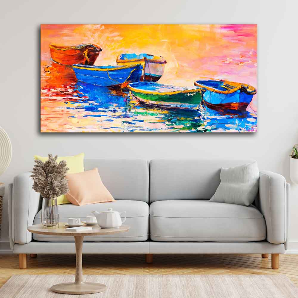 Canvas Wall Painting of The Colorful Boats in Shades of Sunset