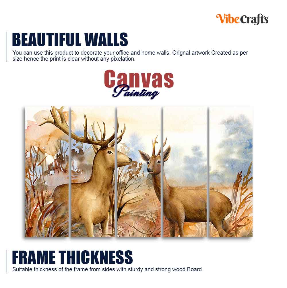 Canvas Wall Painting Pair of Deer in the Forest Set of Five