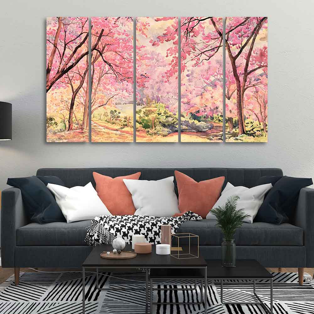 Cherry Blossom Tree Premium Wall Painting Set of Five Pieces