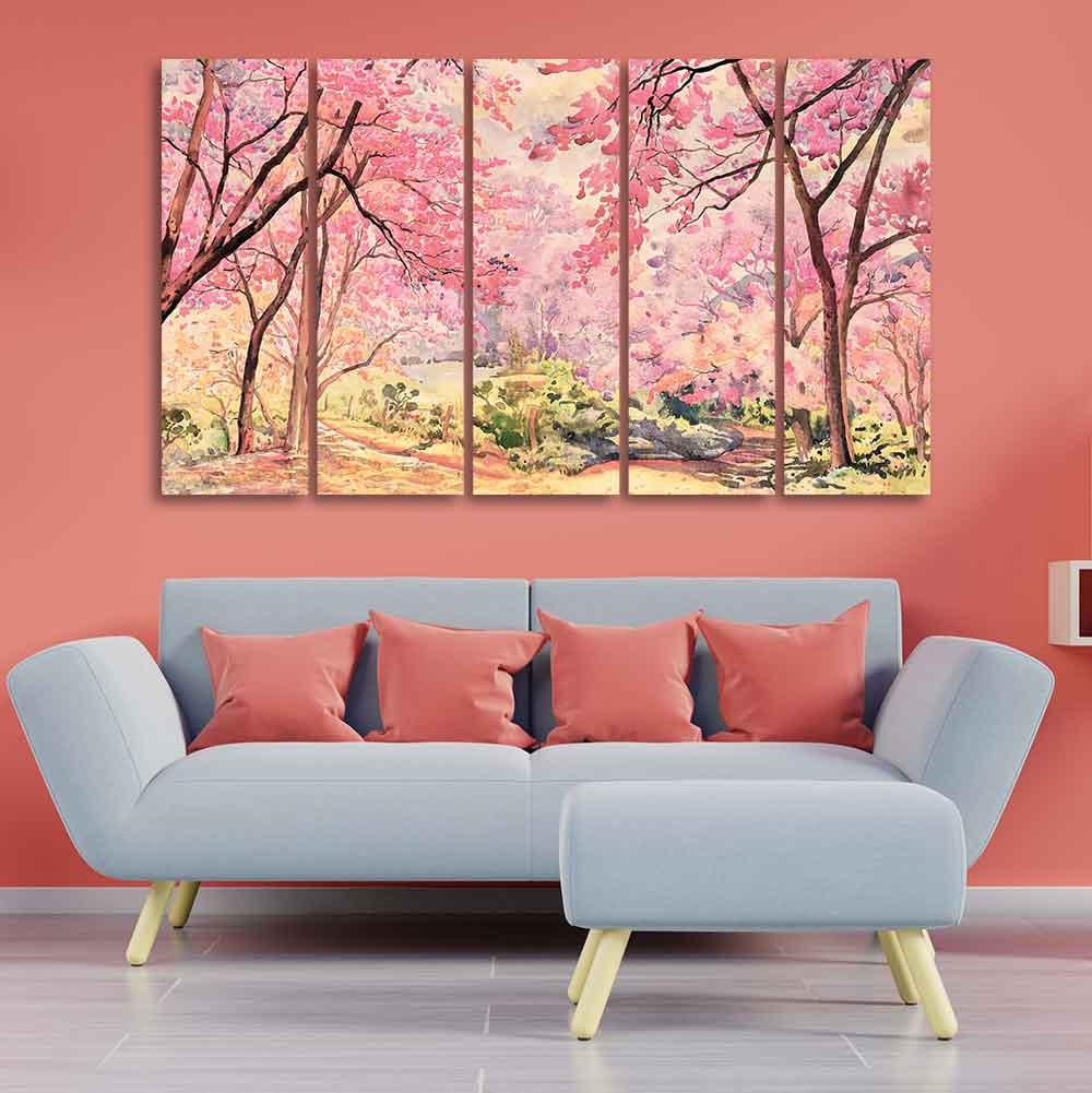 Cherry Blossom Tree Premium Wall Painting Set of Five Pieces