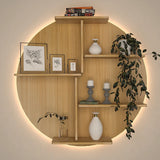 Circle Shape Backlit Designer Wooden Wall Shelf / Book Shelf / Night Light, Oak Finish