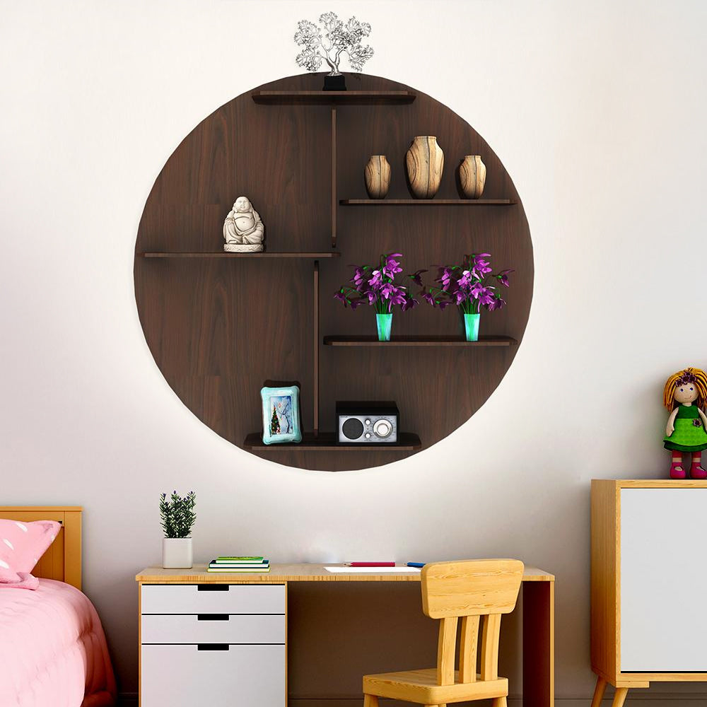 Circle Shape Dark Backlit Designer Wooden Wall Shelf / Book Shelf / Night Light, Walnut Finish