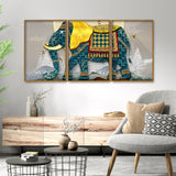 Classic and Royal Elephant with Golden Tusks Floating Canvas Wall Painting Set of Three