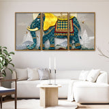  Elephant with Golden Tusks Floating Canvas Wall Painting Set of Three