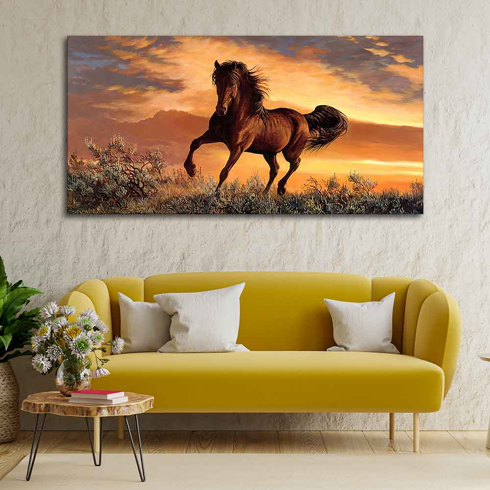 Classic Premium Quality Wall Painting of Brown Horse in Sunset
