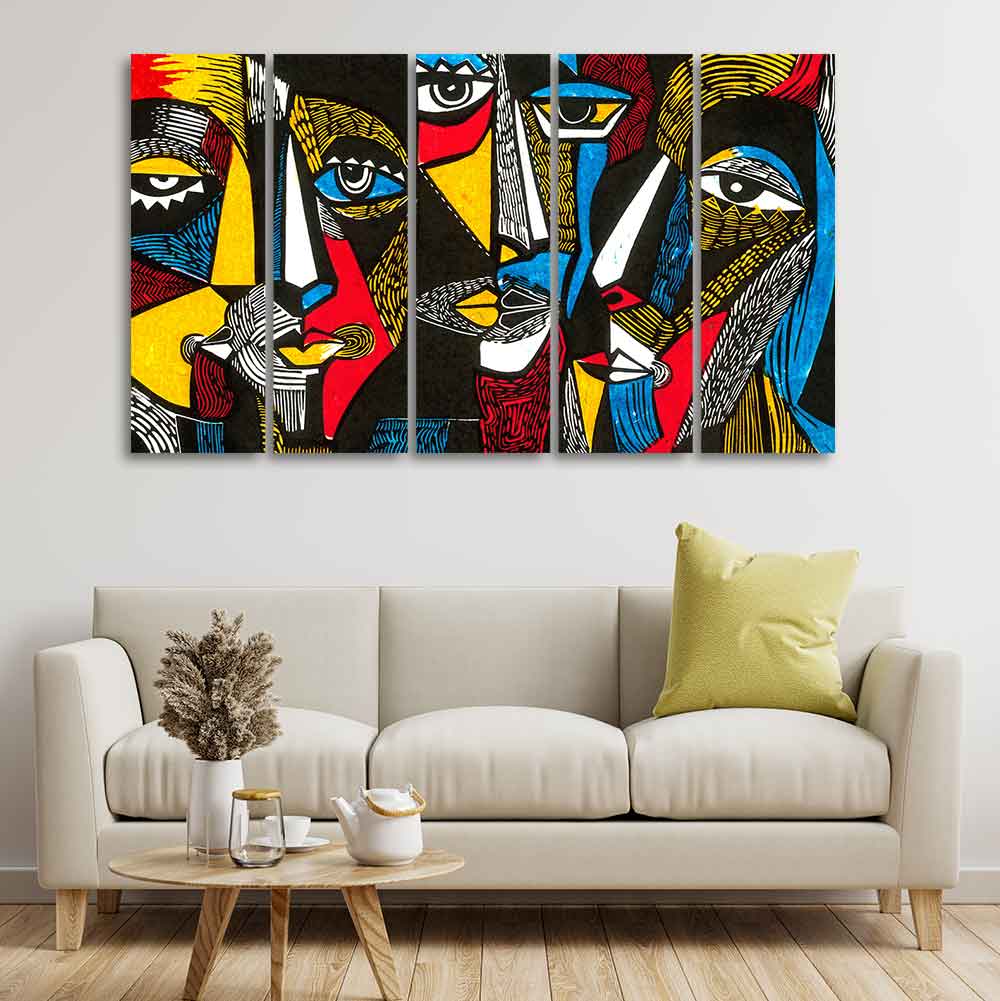 Colorful Abstract Faces 5 Pieces Premium Wall Painting