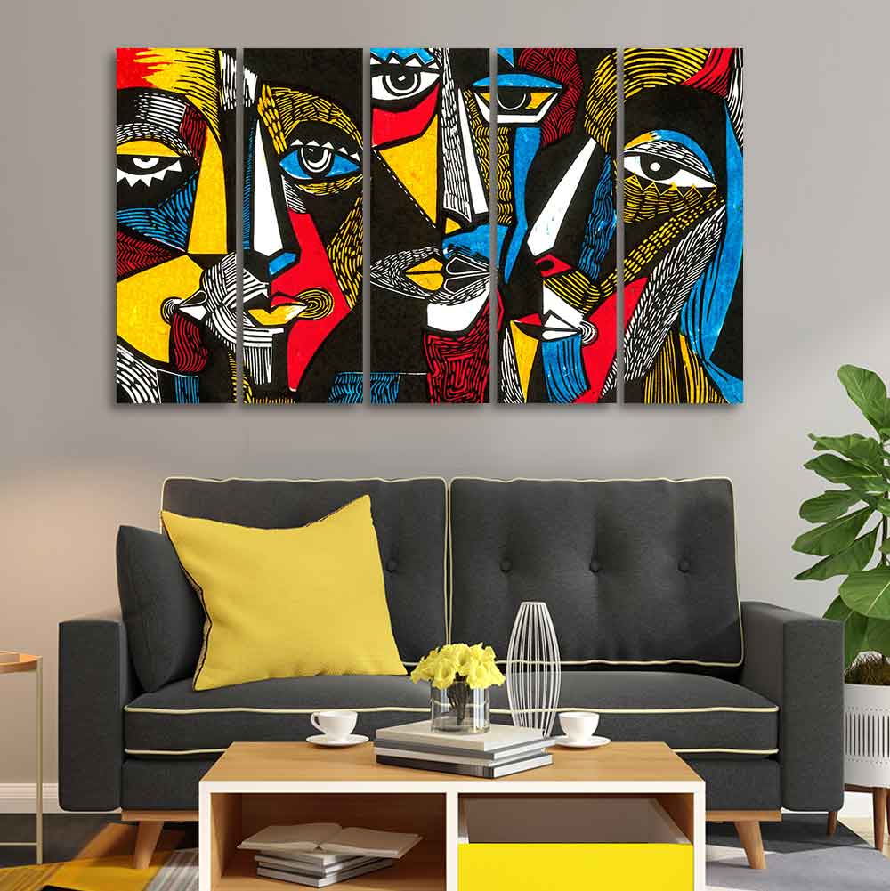Colorful Abstract Faces 5 Pieces Premium Wall Painting