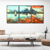 Colorful Art of Sea With Ship Floating Wall Painting Set of 3