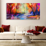 Colorful Autumn Trees Semi Abstract Forest with Lake Canvas Wall Painting