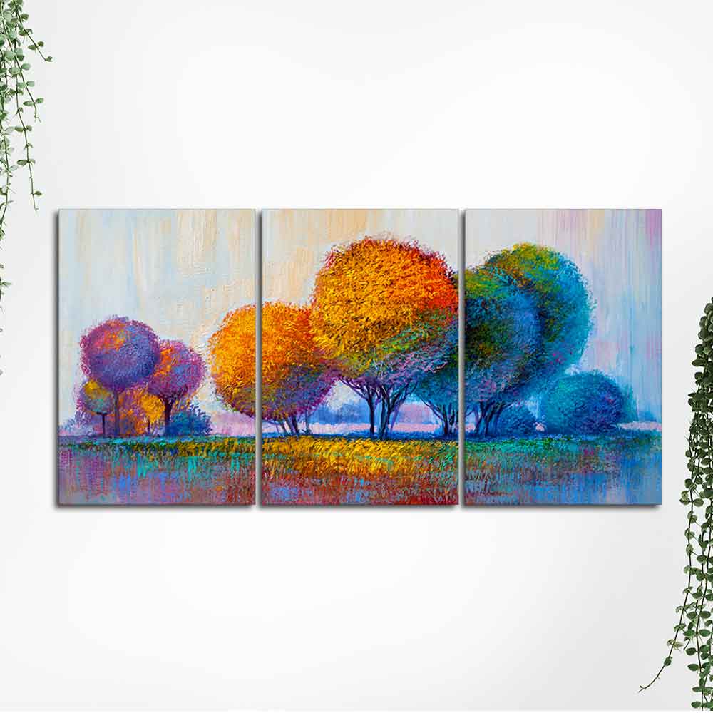 Colorful Round Trees Canvas Wall Painting of 3 Pieces