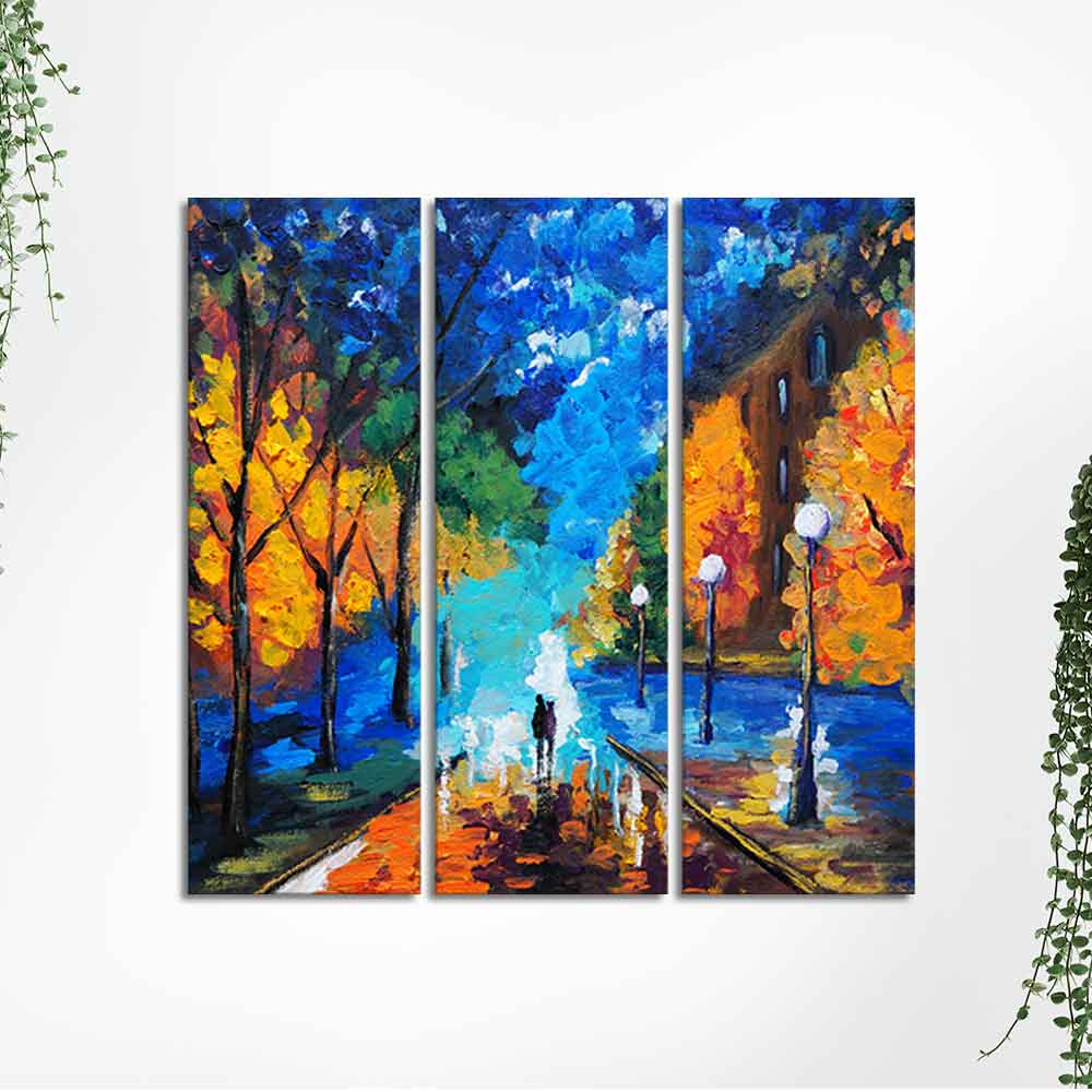 Couple Walking in City Park Canvas Wall Painting of 3 Pieces
