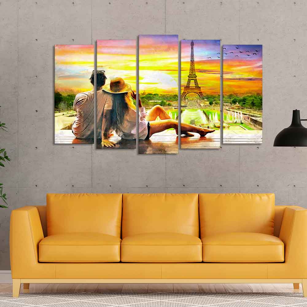 Couple Watching Sunset Paris Canvas Wall Painting of Five Pieces