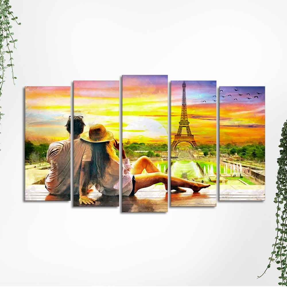  Watching Sunset Paris Canvas Wall Painting of Five Pieces