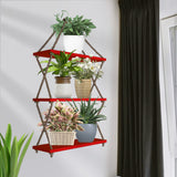 Cross Rope Wooden Wall Hanging Planter Shelf (Red Color)