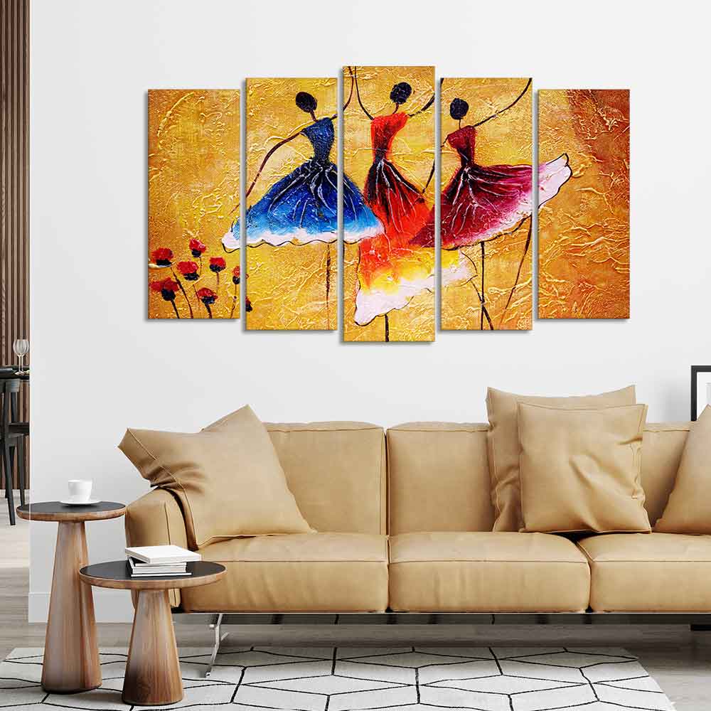 Dancing Women Warli Art 5 Pieces Premium Wall Painting