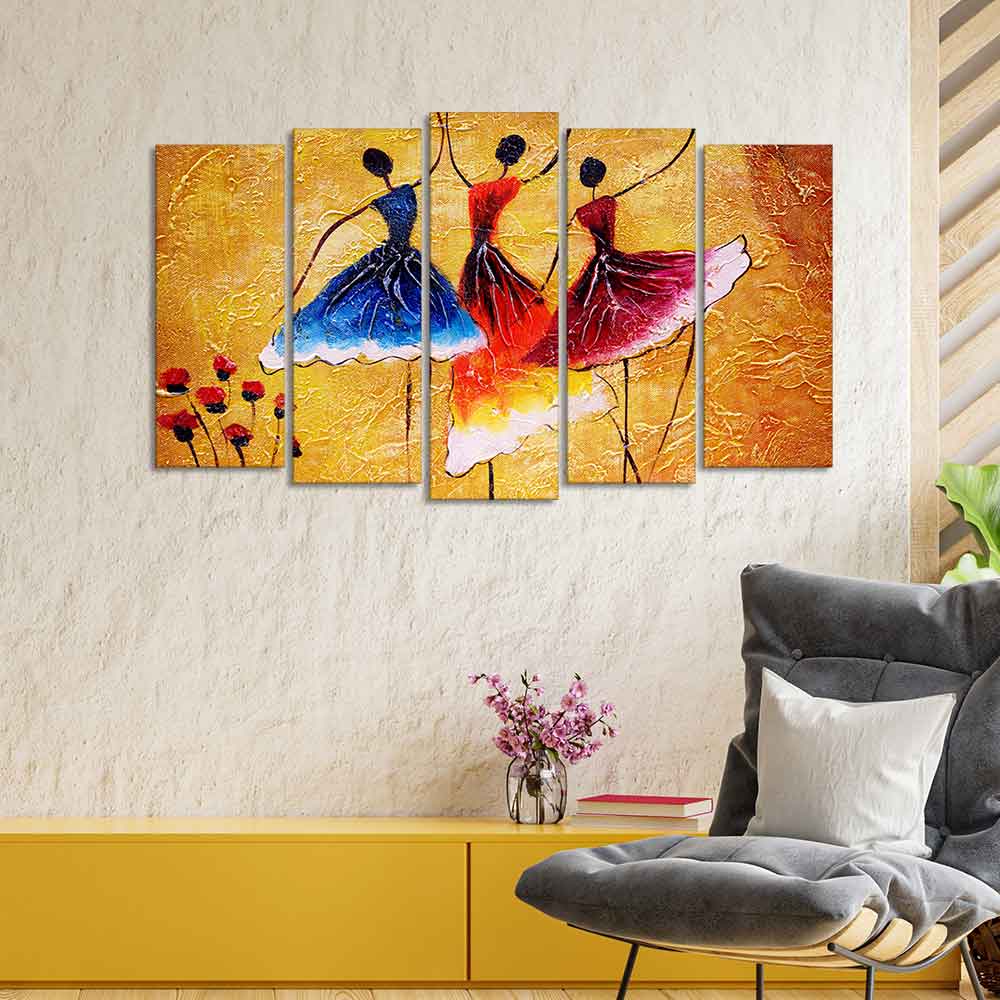 Dancing Women Warli Art 5 Pieces Premium Wall Painting