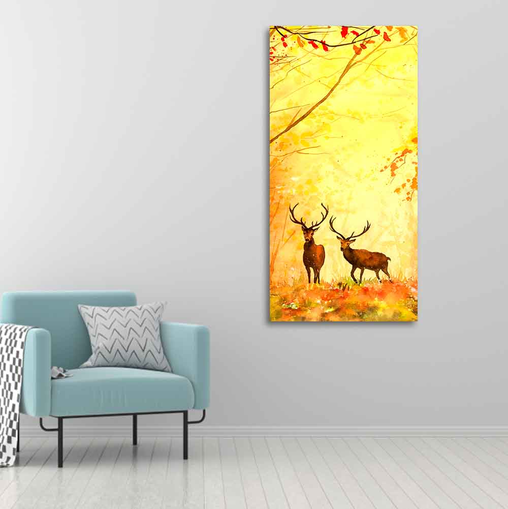 Deer in Autumn Forest Vertical Canvas Wall Painting