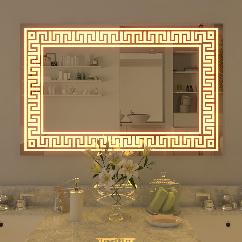 Designer Greek Key Motif LED Rectangular Bathroom Mirror