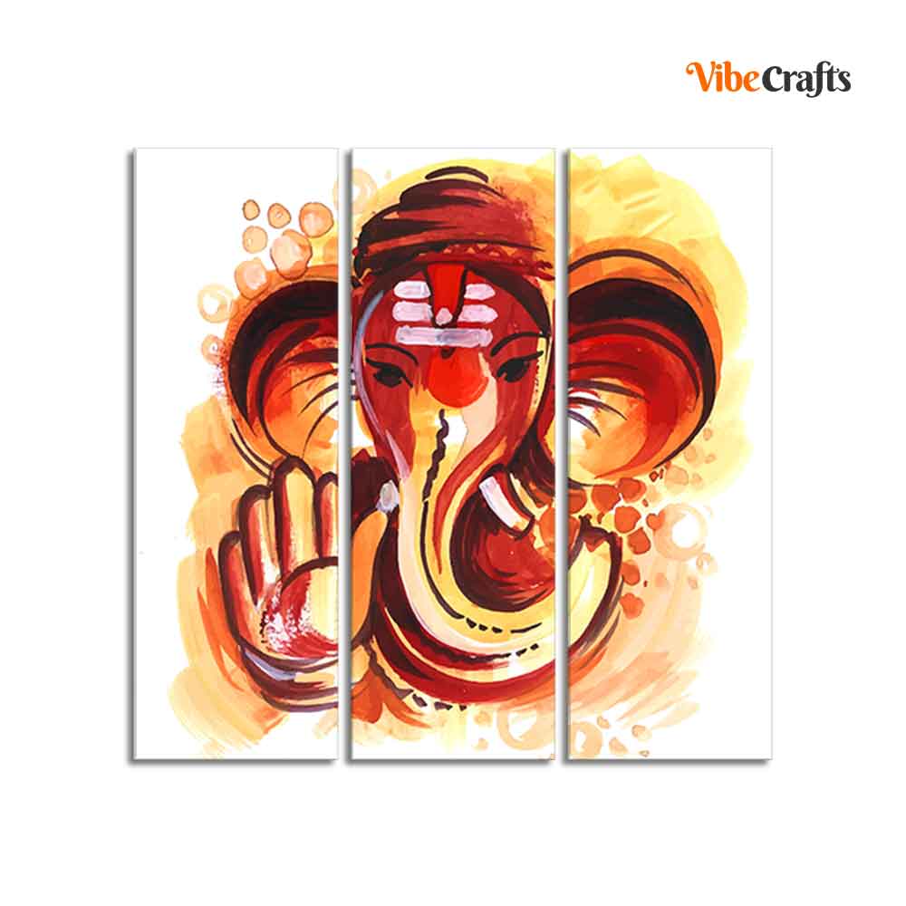 Deva Shree Ganesha Head Abstract Art Canvas Wall Painting Set of Three