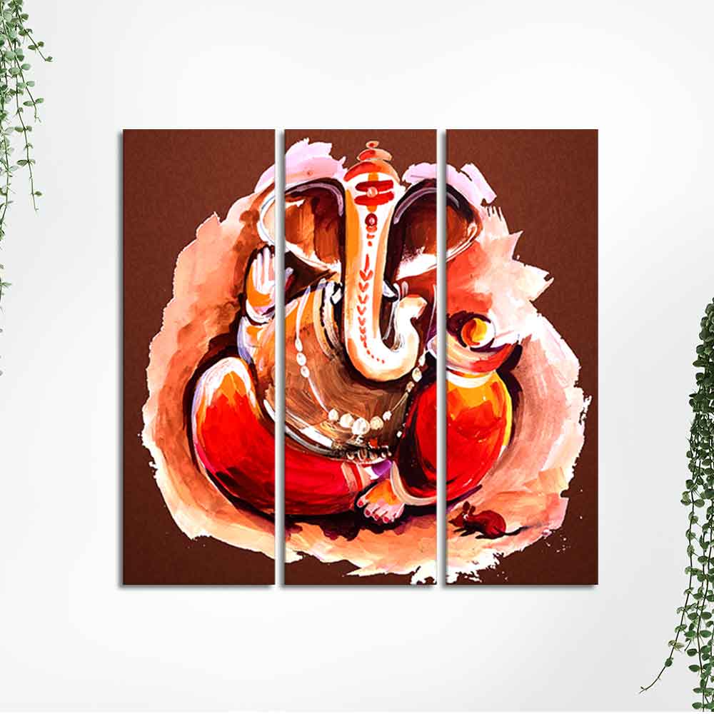 Devotional Lord Ganesha Abstract Art Wall Painting Set of Three