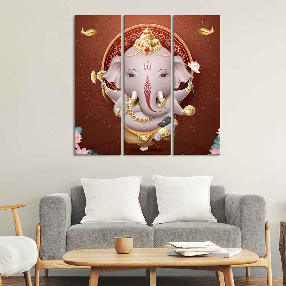 Devotional Lord Ganesha Canvas Wall Painting of Three Pieces.