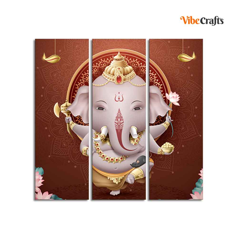 Devotional Lord Ganesha Canvas Wall Painting of Three Pieces