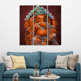 Divine Ganesha Sculpture Canvas Wall Painting Set of Three