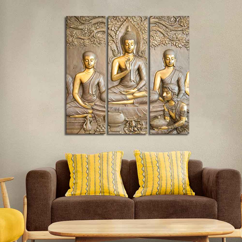 Divine God Buddha Wall Painting of Three Pieces