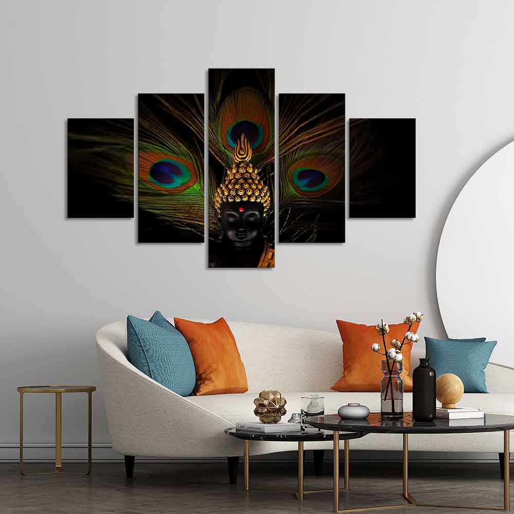 Divine God Buddha With Peacock Feather Wall Painting of Five Pieces