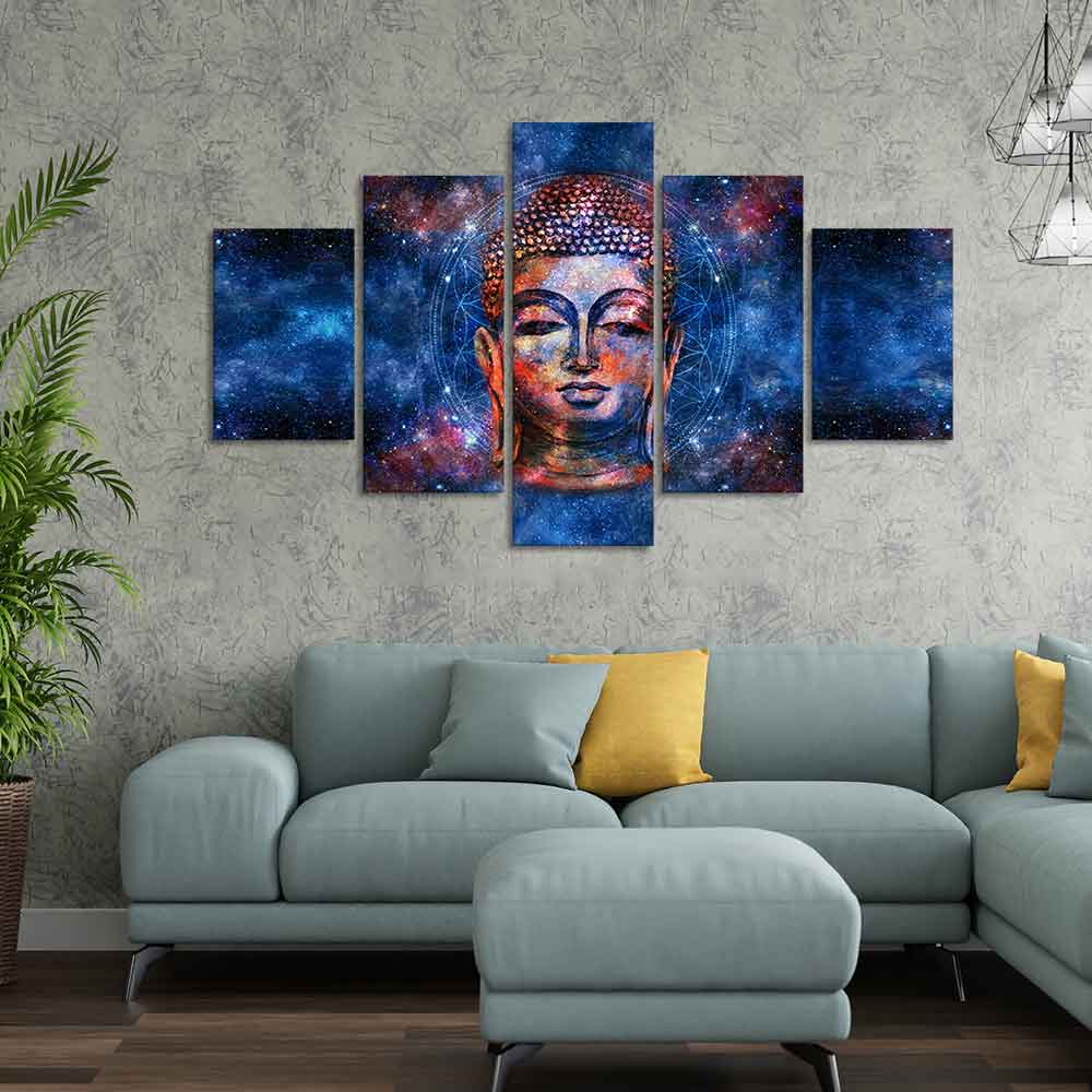 Divine Lord Buddha Head Colorful Wall Painting Five Pieces