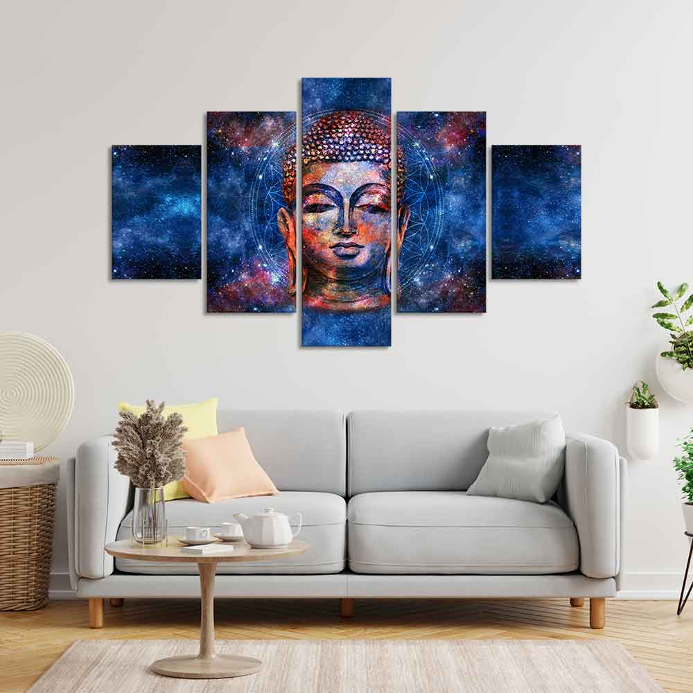 Lord Buddha Head Colorful Wall Painting Five Pieces