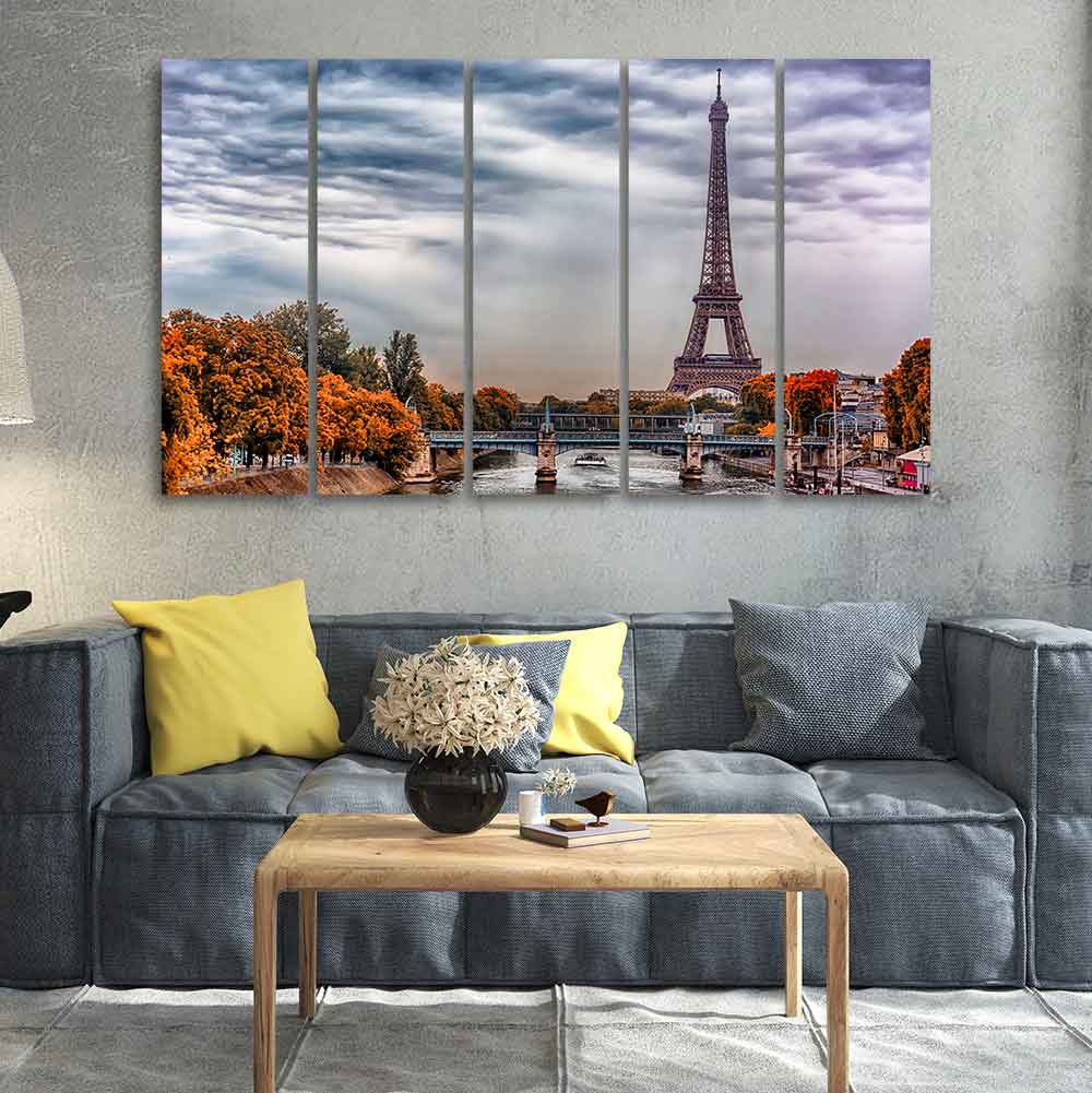 Eiffel Tower and Seine River Bedroom Wall Painting of Five Pieces