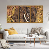 Elephant Family in the Forest Textured Art Floating Canvas Wall Painting Set of Three