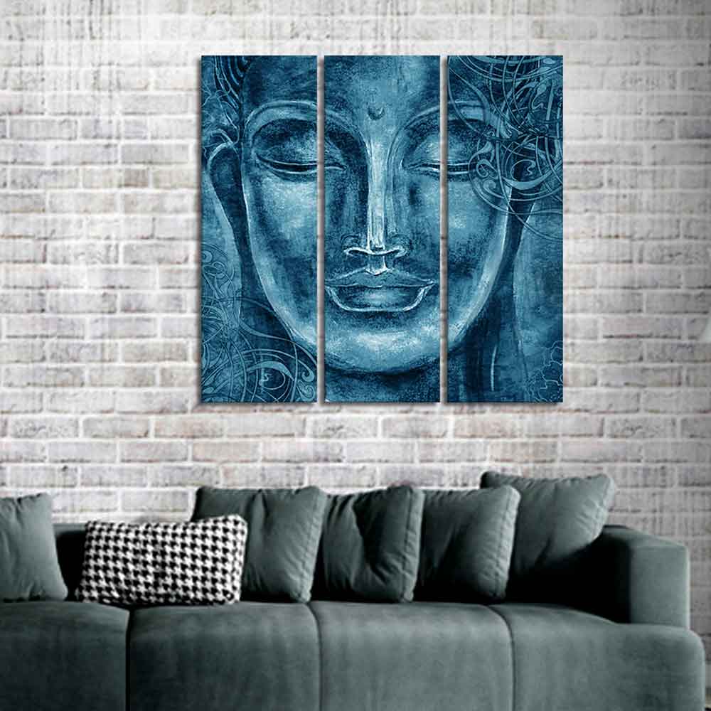 Face Sculpture of Buddha Wall Painting Three Pieces