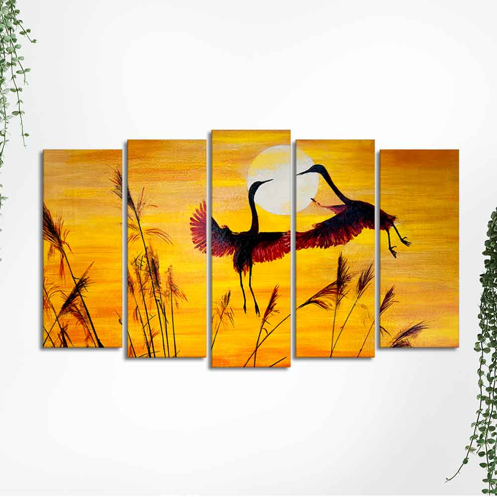 Flamingos Flying in Sunset 5 Pieces Wall Painting