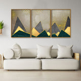 Geometric Shapes with Golden and dark triangles Floating Canvas Wall Painting Set of Three